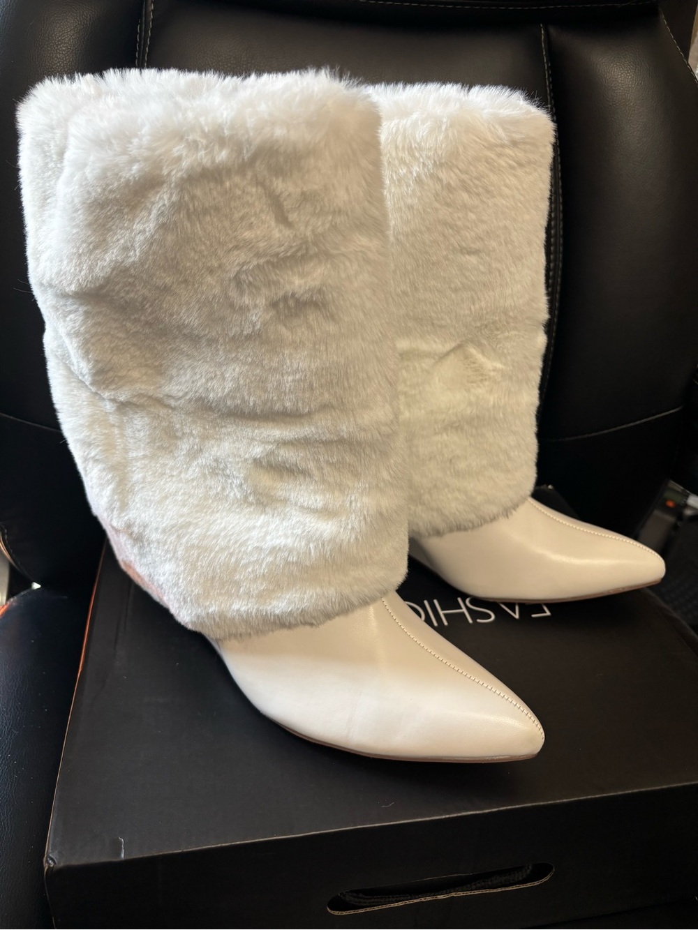 Fashion Nova White Faux-Fur Knee-High Heeled Boots